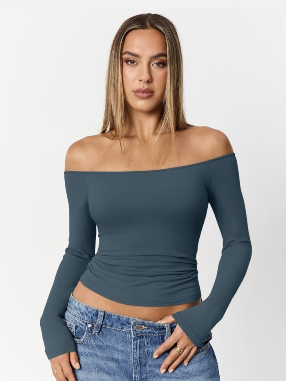Trendy Queen Women's Long Sleeves Off Shdr Body Hugging X Soft Slate Blue-Lg